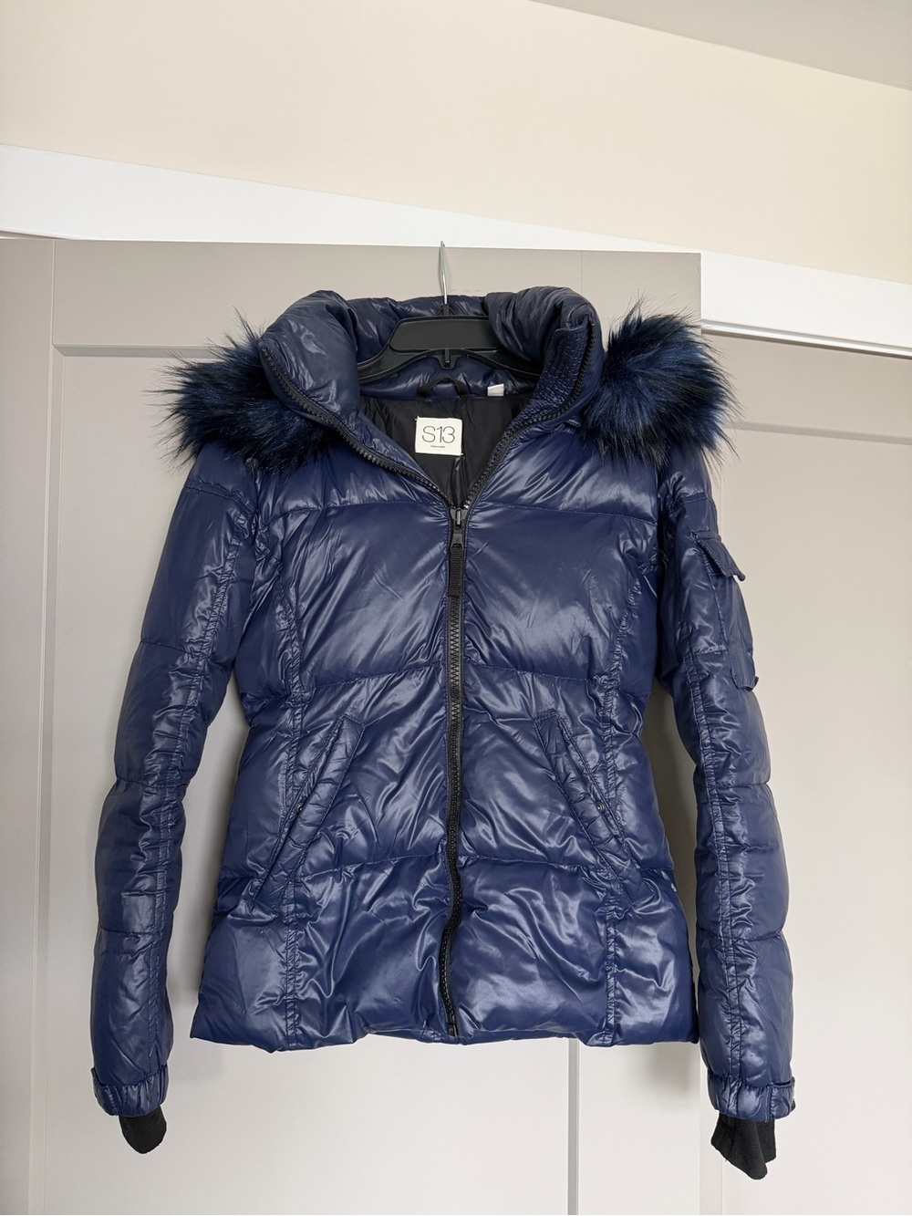 S13 Women's Navy Faux-Fur Trim Puffer Jacket